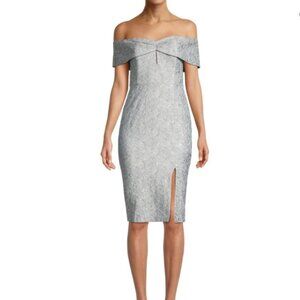 Aidan Mattox Metallic Jacquard Off Shoulder Dress Blue Mist (Size 14)